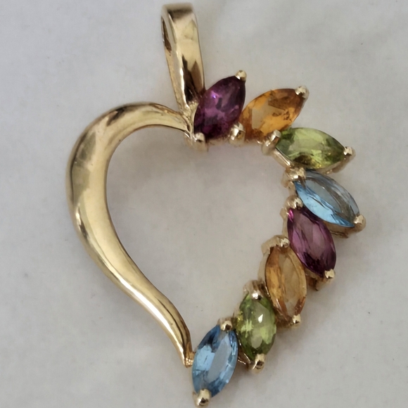 Genuine 14 kt yellow gold heart pendant with multi-colored gemstones. - Picture 1 of 14